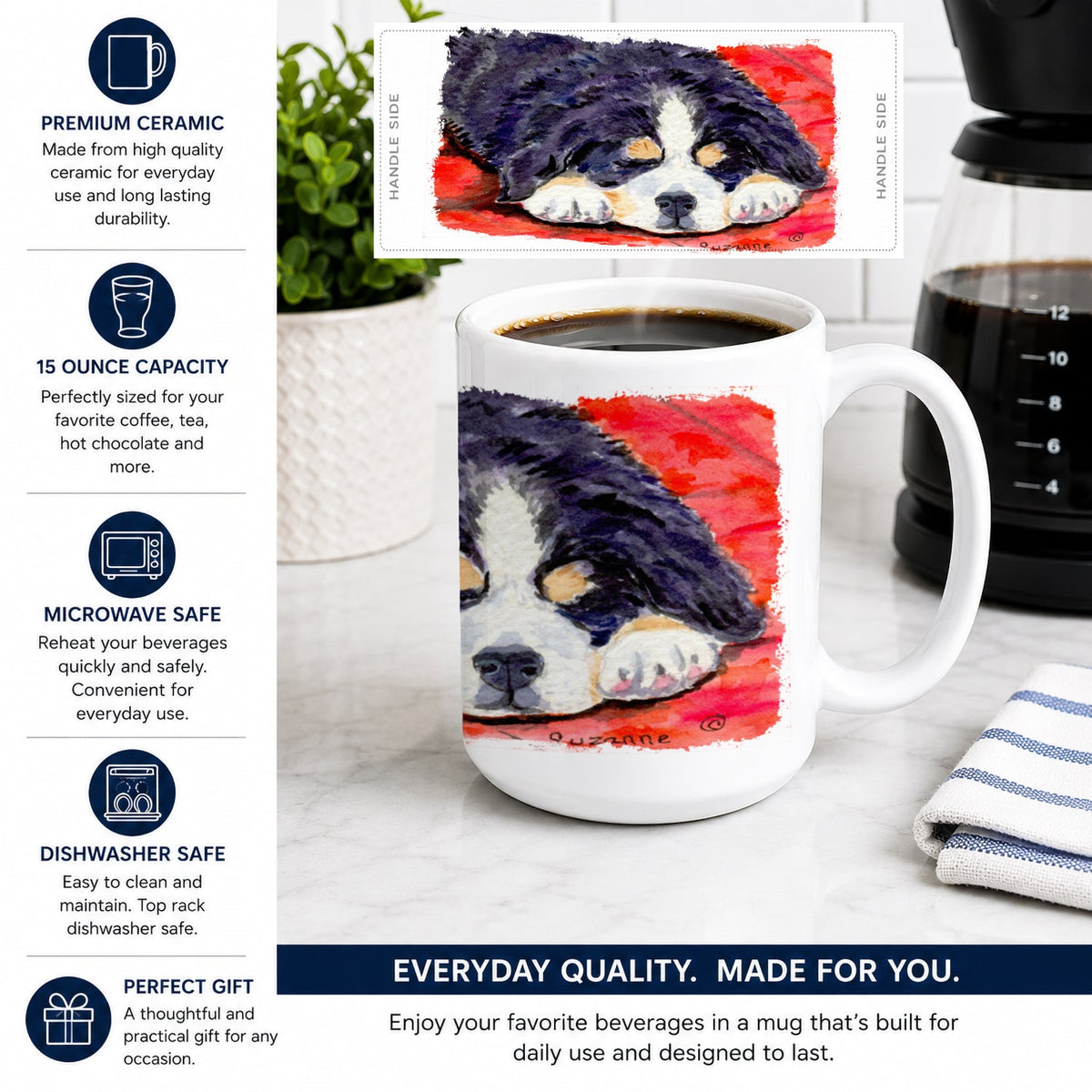 Bernese Mountain Dog Ceramic Coffee Mug 15 oz Decorative Large C Handle Mug Cup for Tea, Cocoa Hot Chocolate