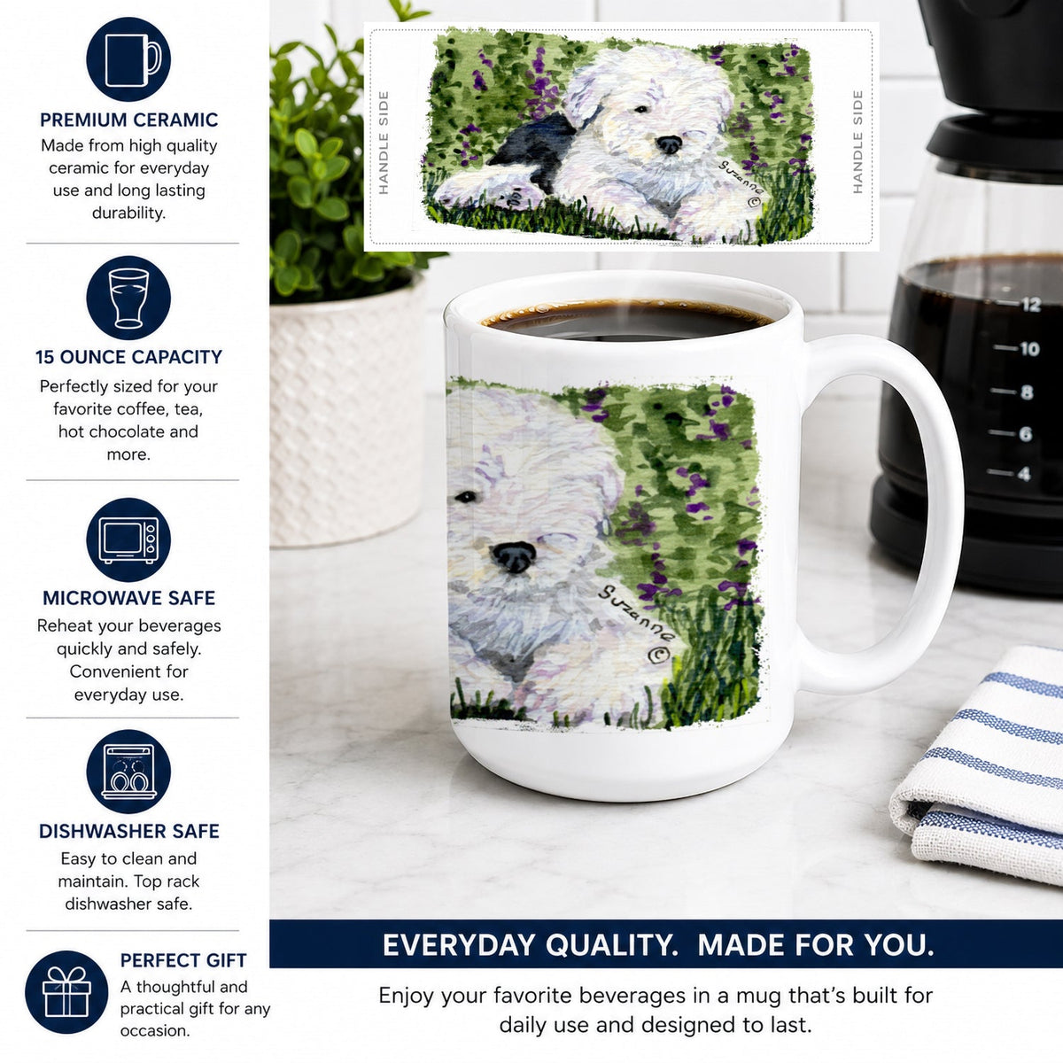 Old English Sheepdog Ceramic Coffee Mug 15 oz Decorative Large C Handle Mug Cup for Tea, Cocoa Hot Chocolate