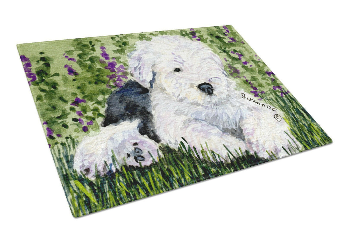Old English Sheepdog Cutting Board Tempered Glass Kitchen Cutting Surface, Heat Resistant Chopping, Non-Slip Feet, Food Prep & Serving