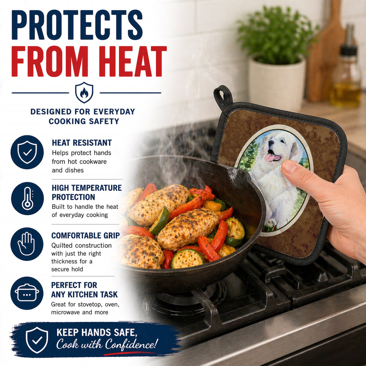 Great Pyrenees Pot Holder Set of 2 Heat Resistant Quilted Hot Pads 7.5 x 7.5 Inch, Insulated Kitchen Trivets for Cooking & Baking