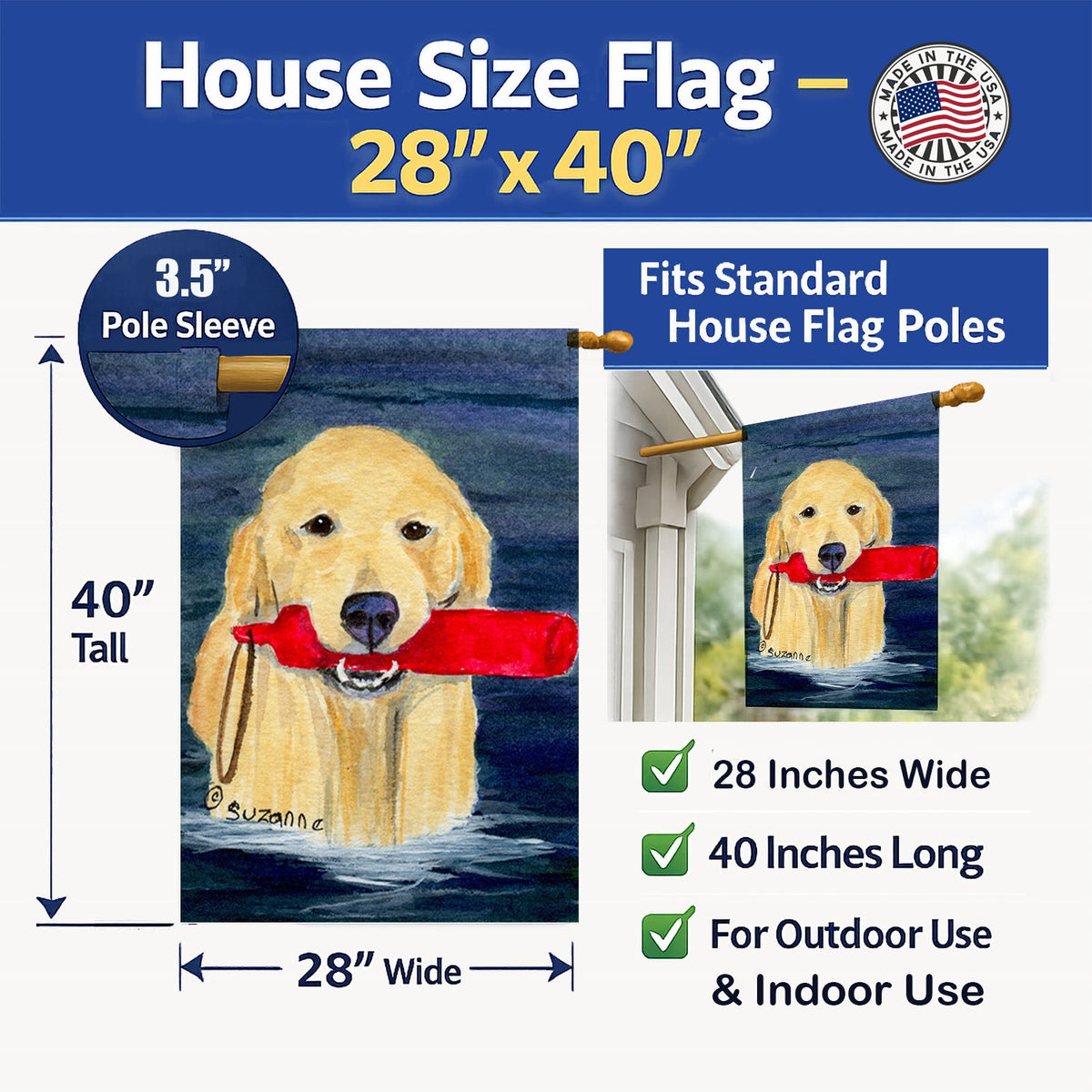 Golden Retriever House Flag 28x40 Porch Sleeve Pole Decorative Outside Yard Banner Artwork Wall Hanging, Polyester