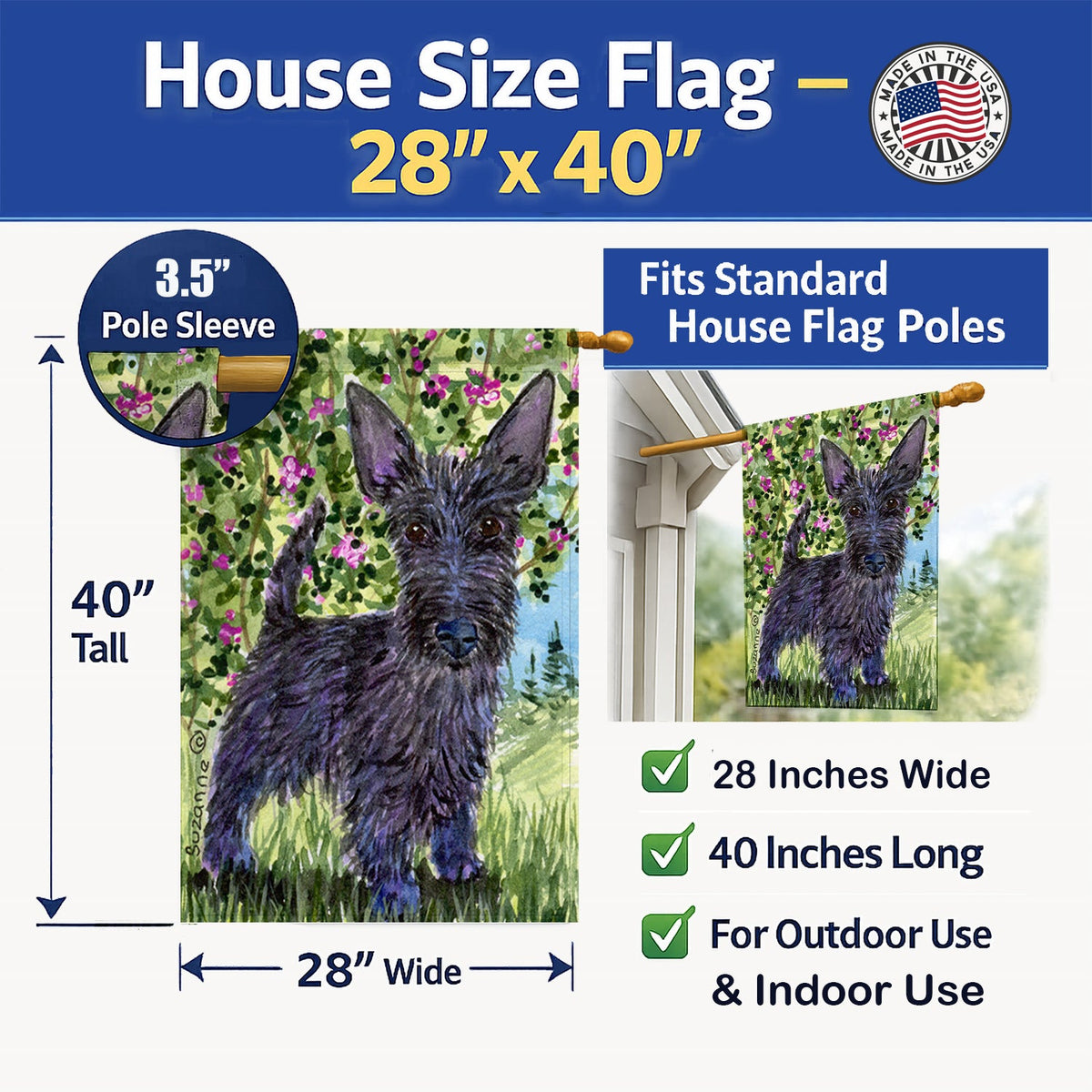 Scottish Terrier House Flag 28x40 Porch Sleeve Pole Decorative Outside Yard Banner Artwork Wall Hanging, Polyester