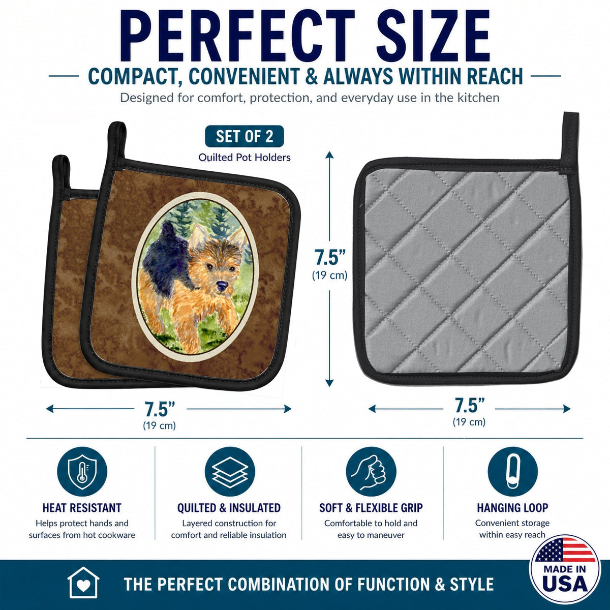 Norwich Terrier Pot Holder Set of 2 Heat Resistant Quilted Hot Pads 7.5 x 7.5 Inch, Insulated Kitchen Trivets for Cooking & Baking