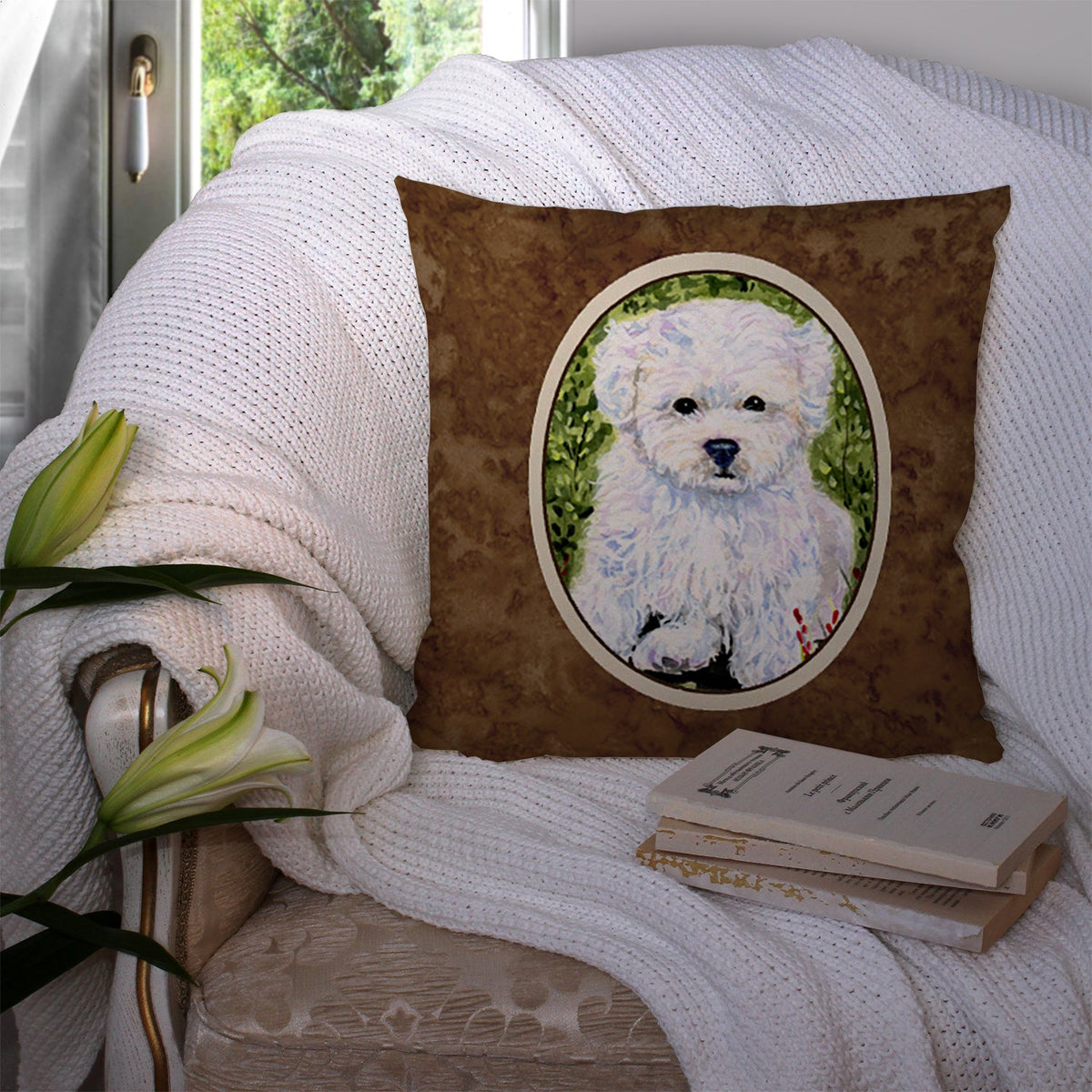 Bichon Frise Decorative Throw Pillow 14x14 Indoor Outdoor Accent Cushion, Fabric Cover with Insert for Sofa, Bed, Porch & Living Room