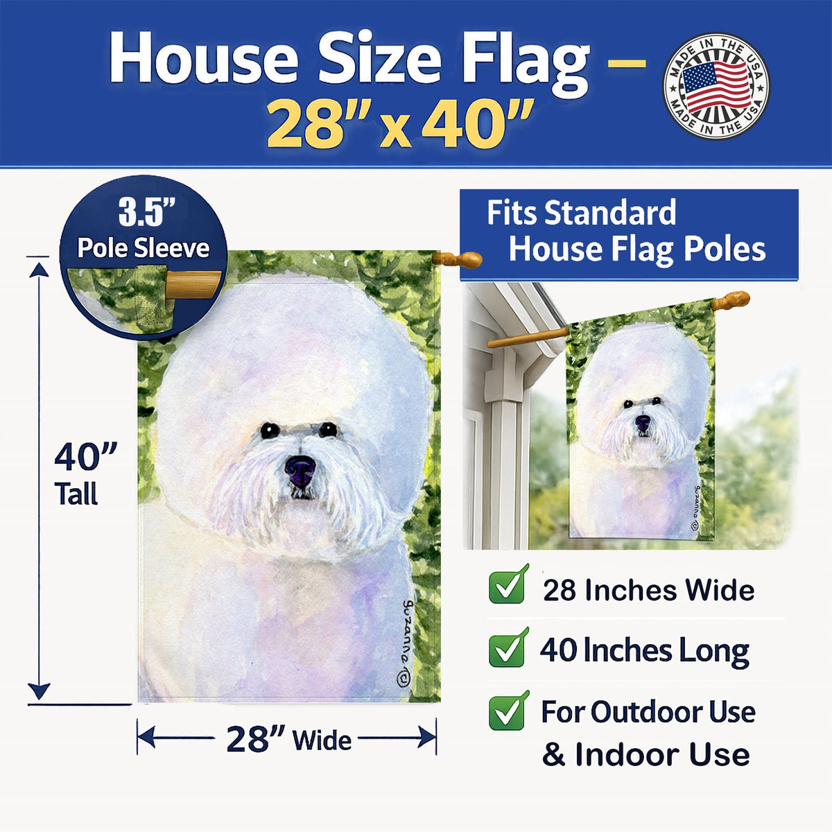 Bichon Frise House Flag 28x40 Porch Sleeve Pole Decorative Outside Yard Banner Artwork Wall Hanging, Polyester