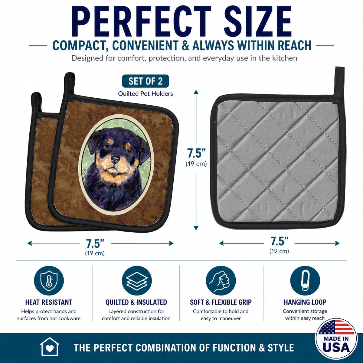 Rottweiler Pot Holder Set of 2 Heat Resistant Quilted Hot Pads 7.5 x 7.5 Inch, Insulated Kitchen Trivets for Cooking & Baking