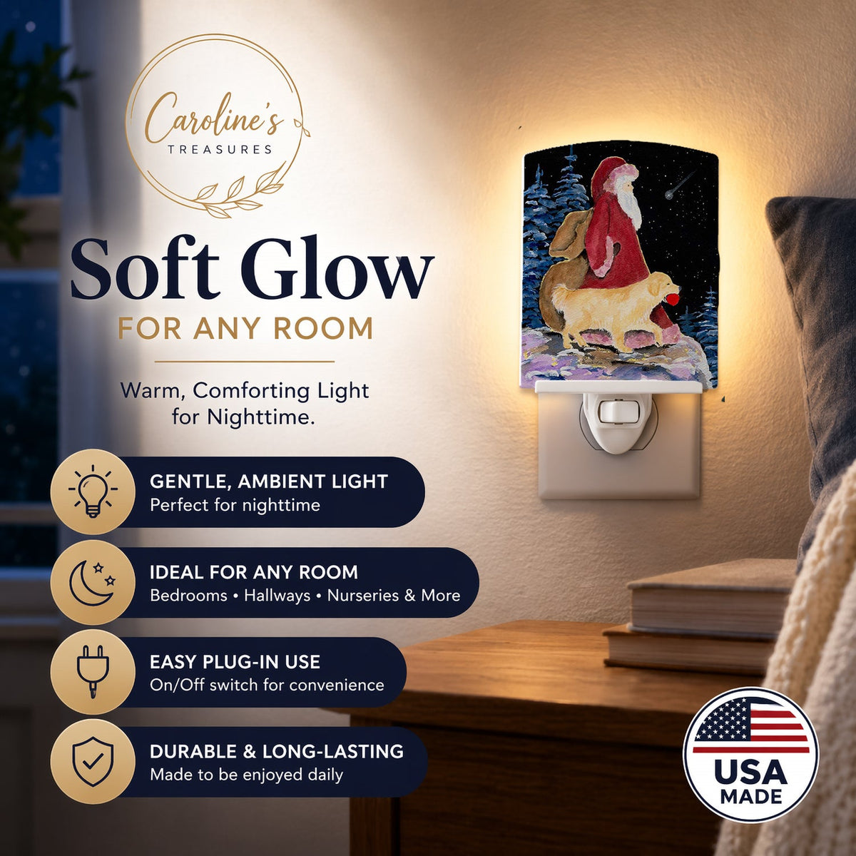 Santa Claus with  Golden Retriever Ceramic Night Light Compact, UL-Certified, Ideal for Bedroom, Bathroom, Nursery, Hallway, Kitchen, 6x4x3, Multicolor