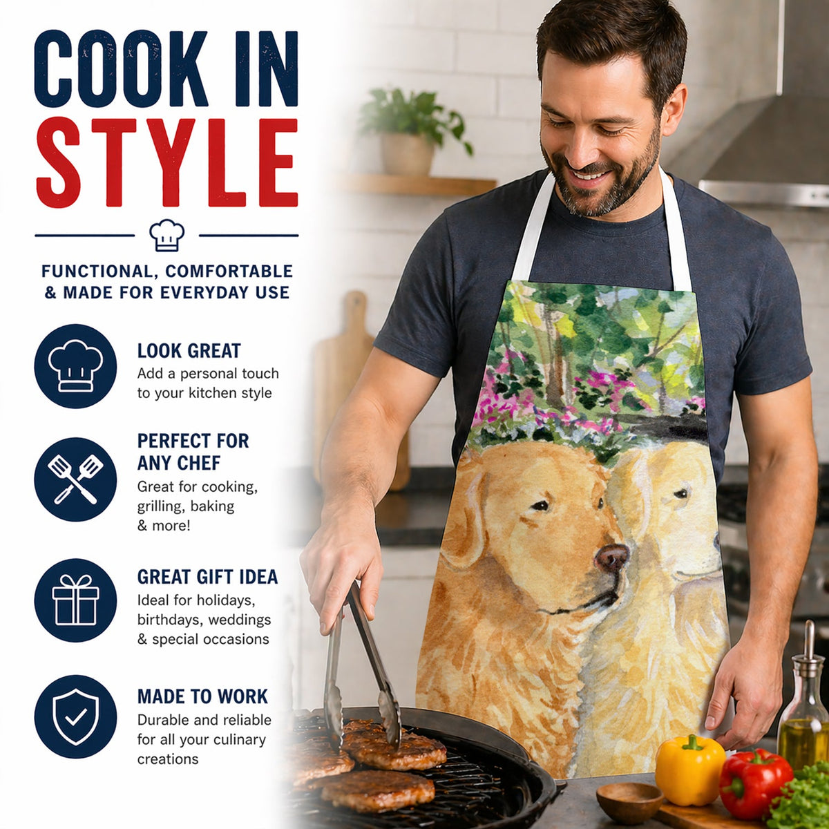 Golden Retriever Apron Cooking Kitchen Server Baking Crafts Gardening for Adult Women Men, Unisex, Large, Multicolor