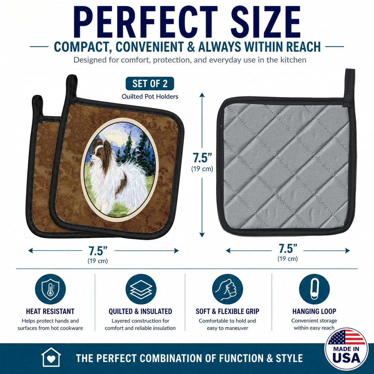 Papillon Pot Holder Set of 2 Heat Resistant Quilted Hot Pads 7.5 x 7.5 Inch, Insulated Kitchen Trivets for Cooking & Baking