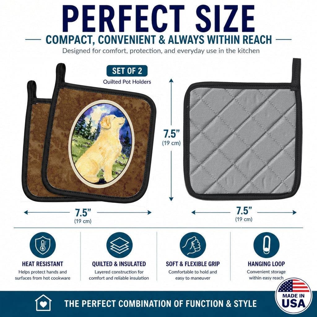 Golden Retriever Pot Holder Set of 2 Heat Resistant Quilted Hot Pads 7.5 x 7.5 Inch, Insulated Kitchen Trivets for Cooking & Baking