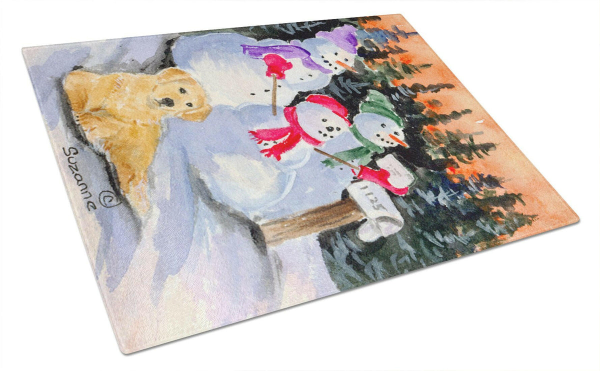Snowman with Golden Retriever Cutting Board Tempered Glass Kitchen Cutting Surface, Heat Resistant Chopping, Non-Slip Feet, Food Prep & Serving