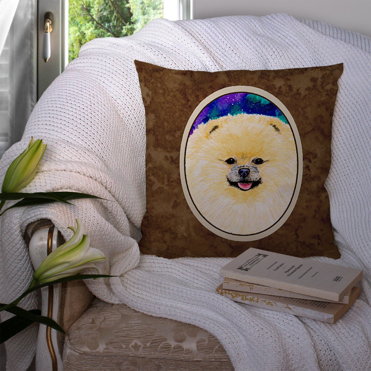 Pomeranian Decorative Throw Pillow 14x14 Indoor Outdoor Accent Cushion, Fabric Cover with Insert for Sofa, Bed, Porch & Living Room