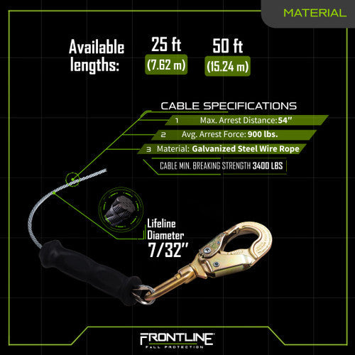 Frontline RPGCLE Leading Edge Cable Single Leg SRL with Steel Snap Hook End with Carry on Handle and Tagline 50'