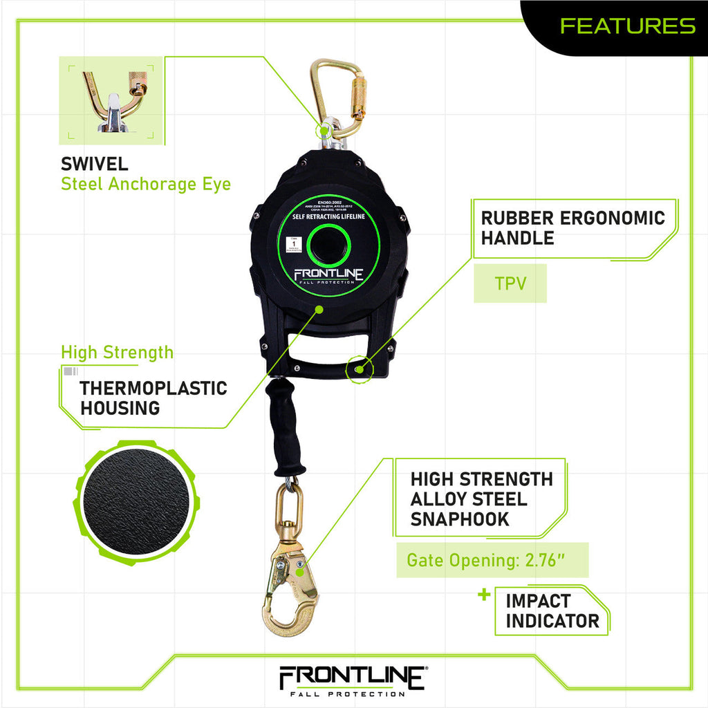 Frontline RPG30 30' Cable Single Leg SRL with Steel Snap Hook End with Carry on Handle and Tagline
