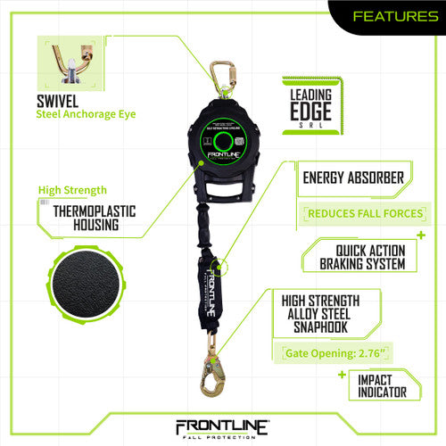Frontline RPGCLE Leading Edge Cable Single Leg SRL with Steel Snap Hook End with Carry on Handle and Tagline 50'