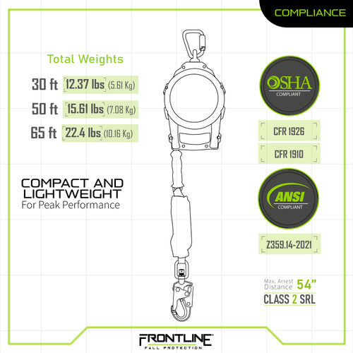 Frontline RPGCLE Leading Edge Cable Single Leg SRL with Steel Snap Hook End with Carry on Handle and Tagline 50'