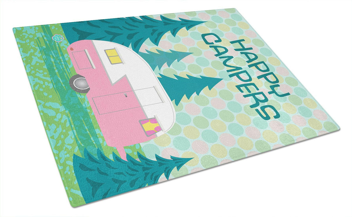 Happy Campers Glamping Trailer Cutting Board Tempered Glass Kitchen Cutting Surface, Heat Resistant Chopping, Non-Slip Feet, Food Prep & Serving