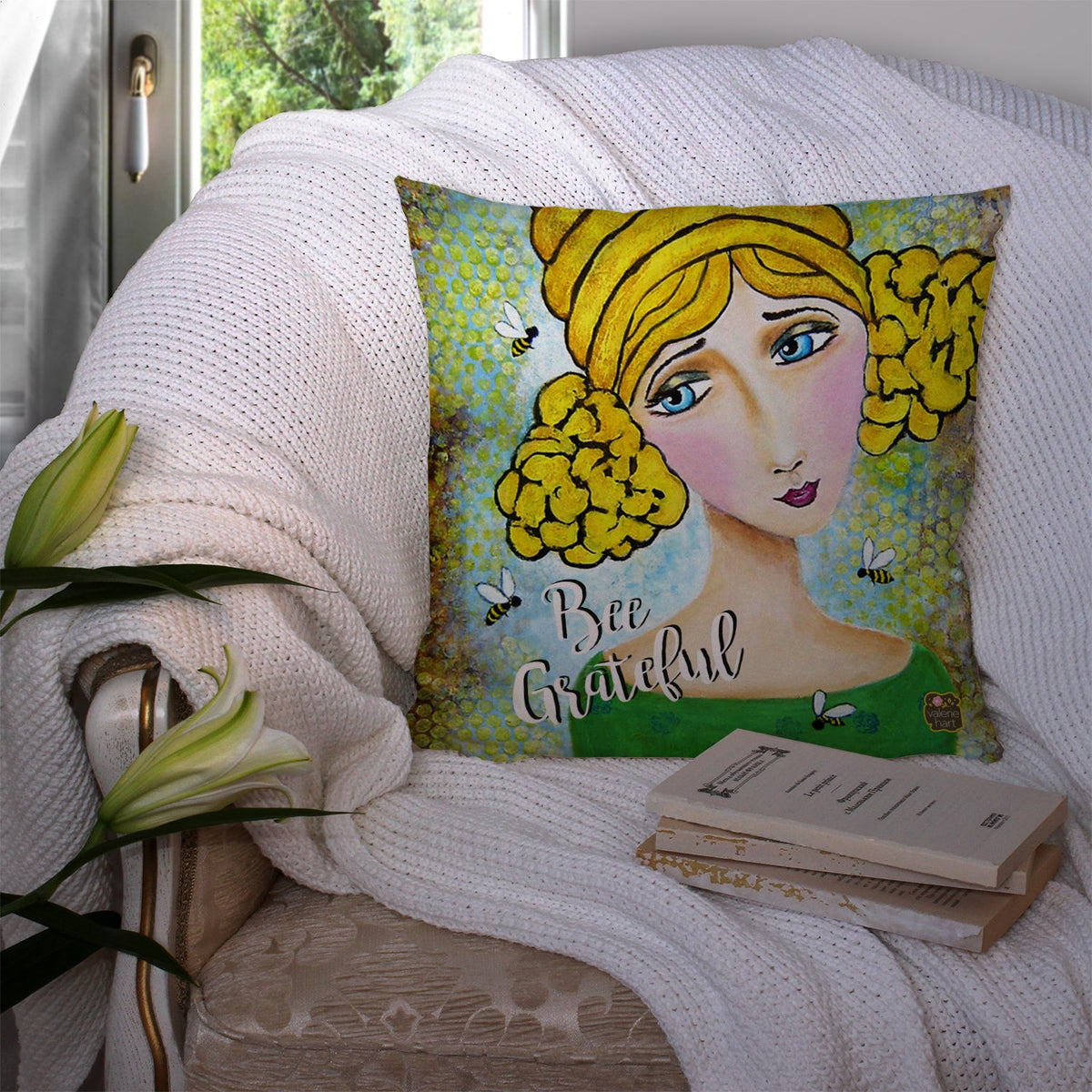 Bee Grateful Girl with Beehive Decorative Throw Pillow 14x14 Indoor Outdoor Accent Cushion, Fabric Cover with Insert for Sofa, Bed, Porch & Living Room