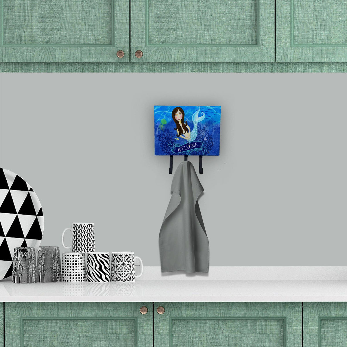 Welcome Mermaid Leash or Key Holder Wall Hooks, Coat Rack Wall Mount, for Hanging Keys, Towels, Aprons, Leashes