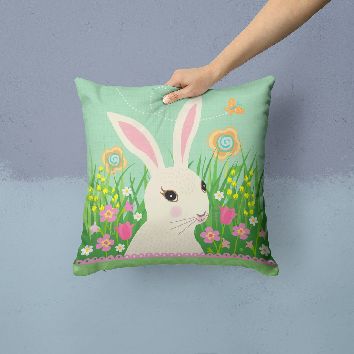 Easter Bunny Rabbit Decorative Throw Pillow 14x14 Indoor Outdoor Accent Cushion, Fabric Cover with Insert for Sofa, Bed, Porch & Living Room