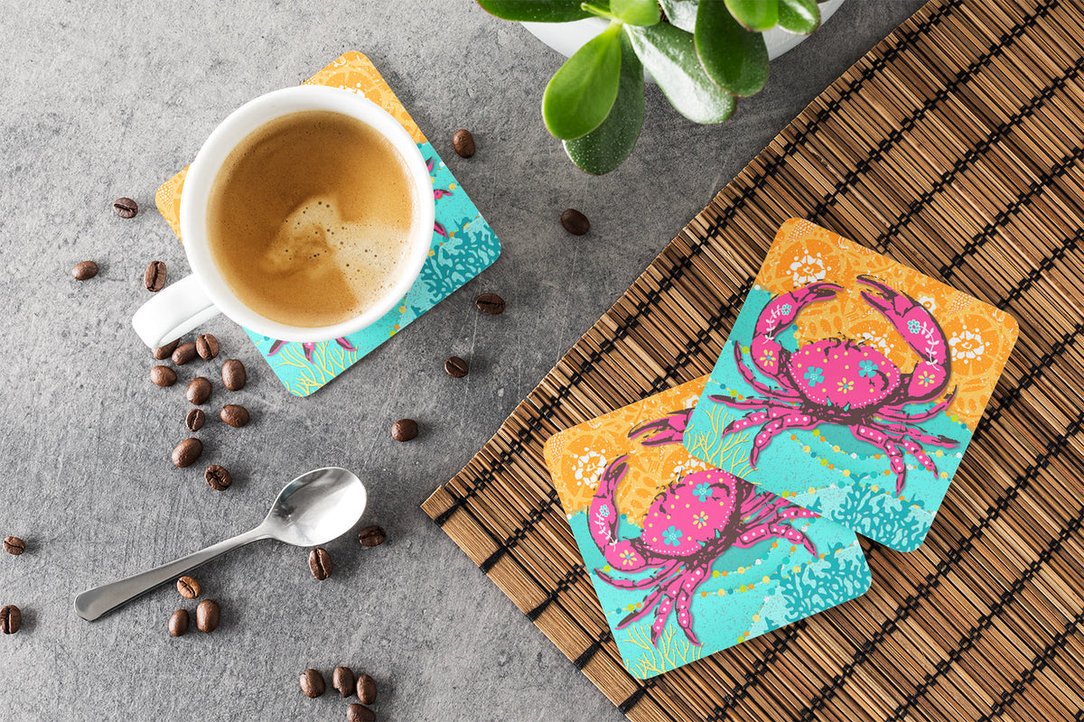 Coastal Pink Crab Foam Coasters Set of 4 Cup Coasters for Indoor Outdoor, Tabletop Protection, Anti Slip, Mouse pad Material