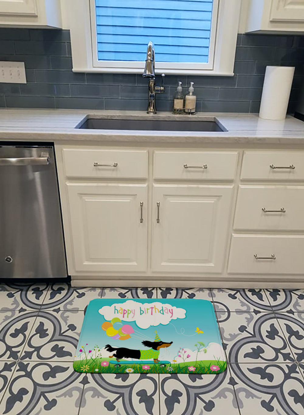 Happy Birthday Dachshund Memory Foam Kitchen Mat Machine Washable Anti-Fatigue Cushion Comfort Bath or Kitchen Rug