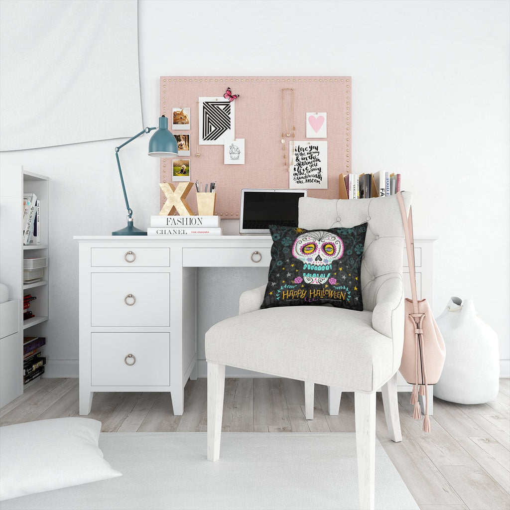 Happy Halloween Day of the Dead Decorative Throw Pillow 14x14 Indoor Outdoor Accent Cushion, Fabric Cover with Insert for Sofa, Bed, Porch & Living Room