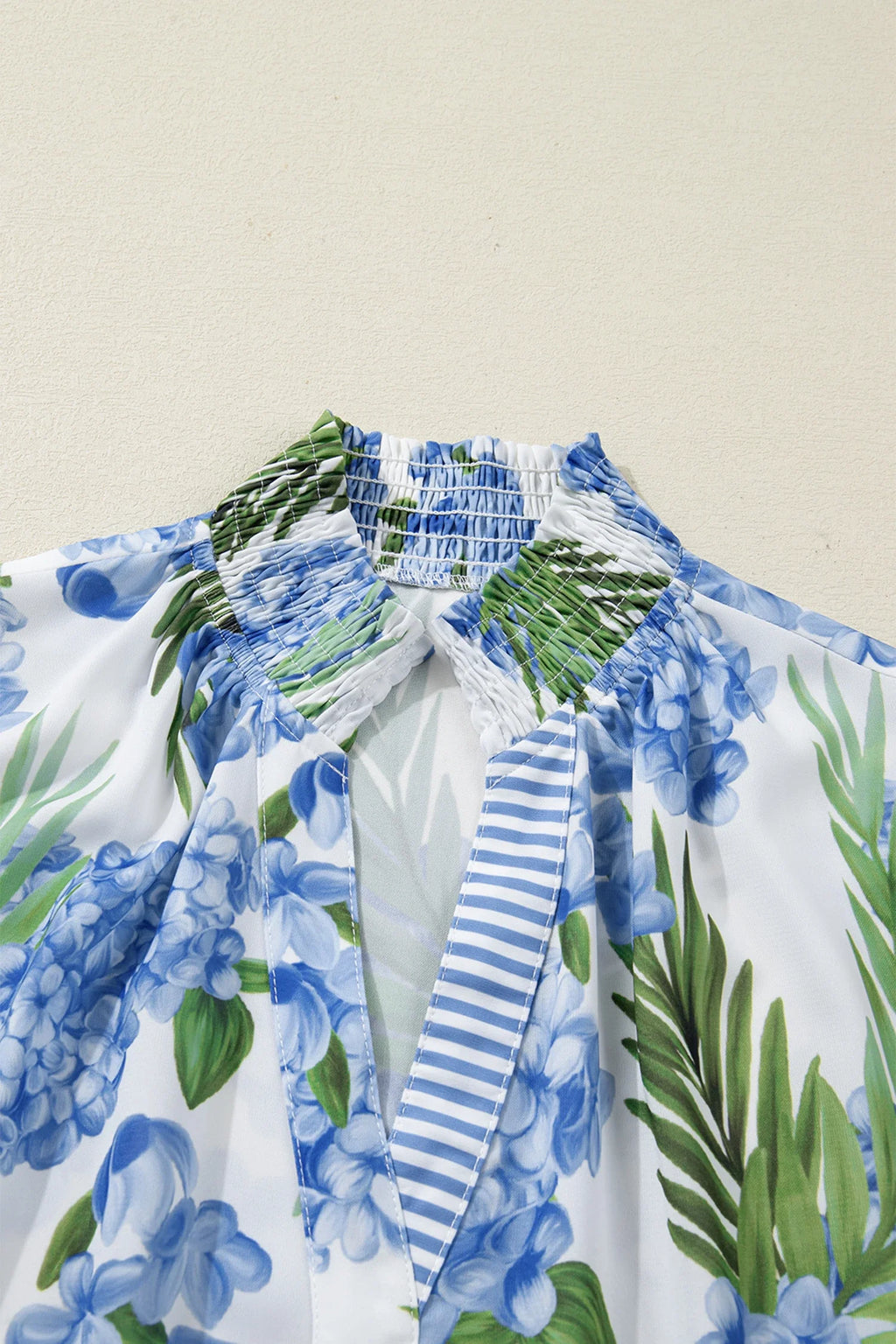 Floral Palm Stripe Patchwork V-Neck Short Sleeve Blouse