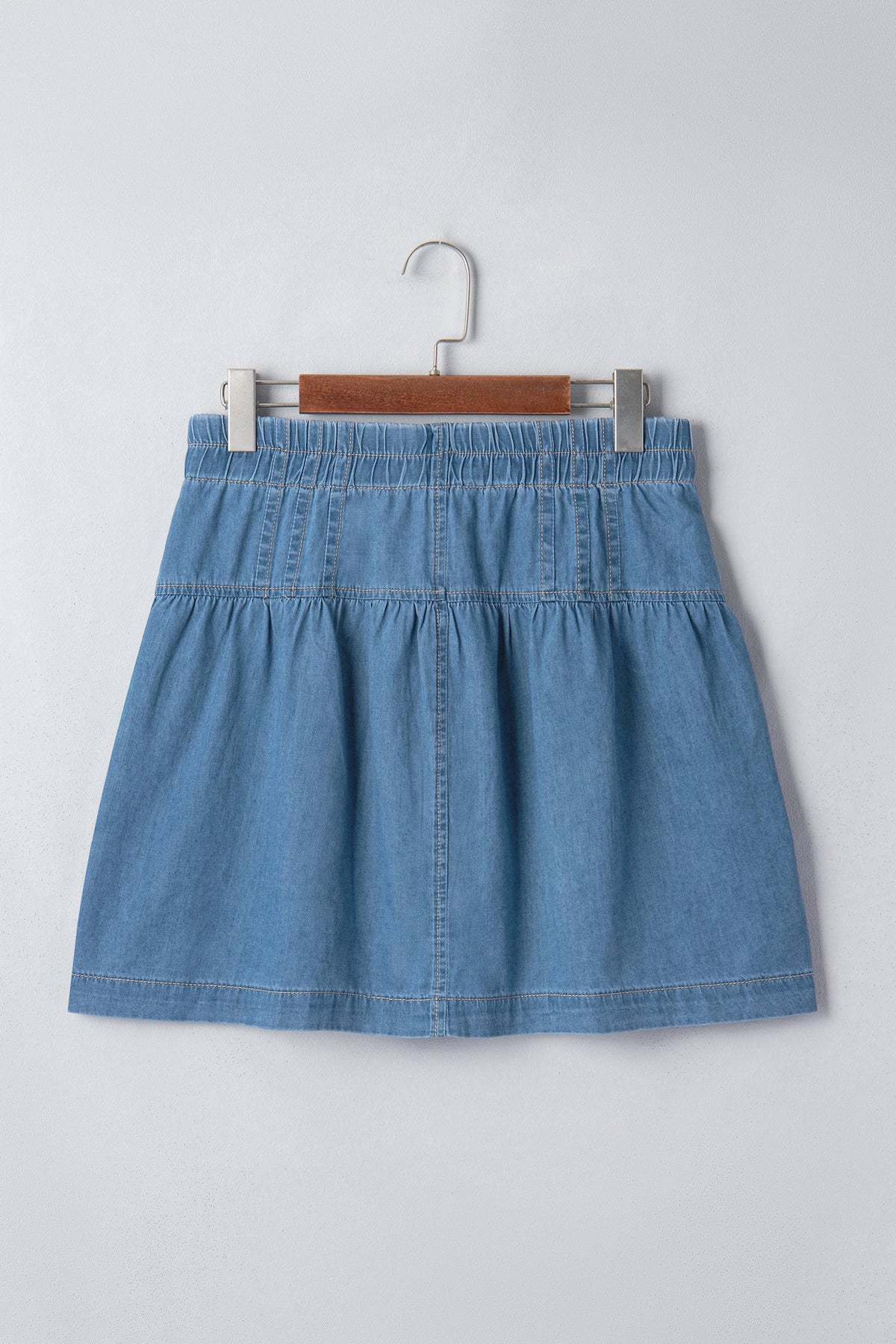 Denim Half Button Pleated Drawstring Mini Skirt