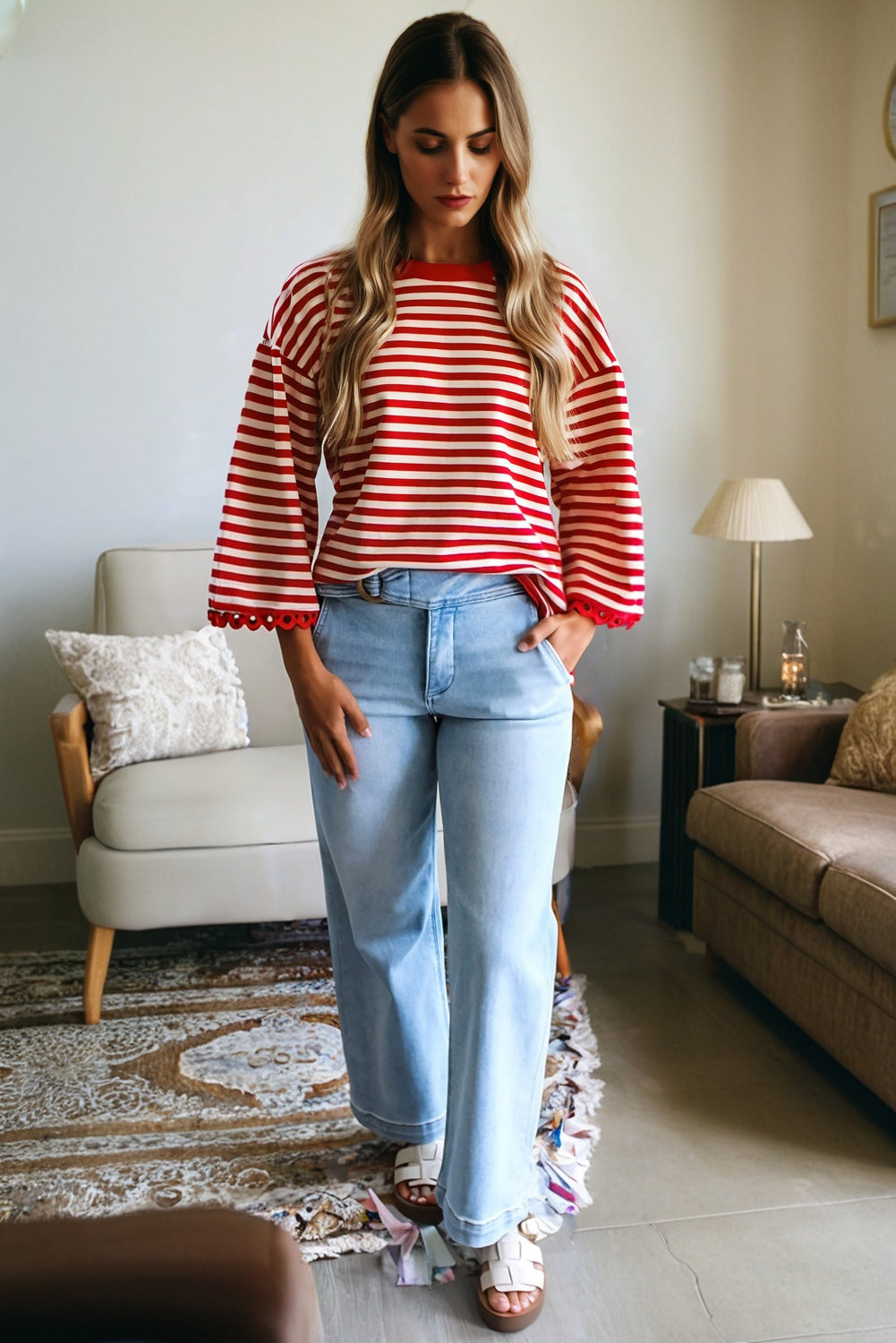 Stripe Lace Trim 3/4 Sleeve Top