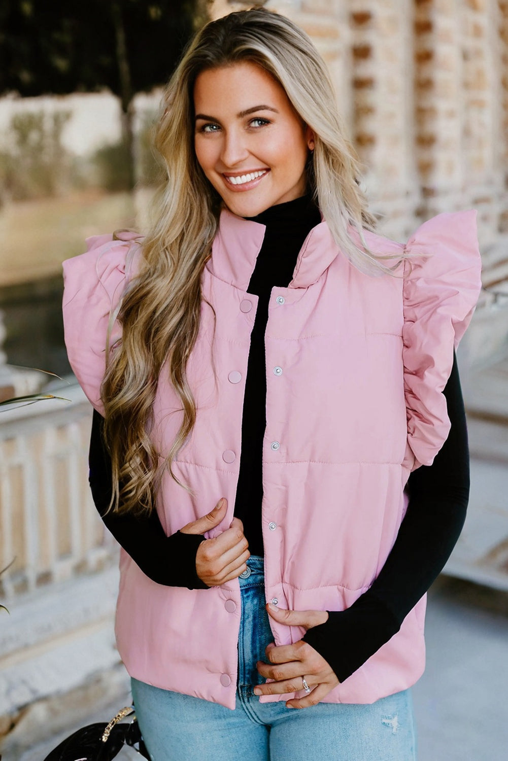 Solid Flutter Sleeve Snap Button Puffer Vest