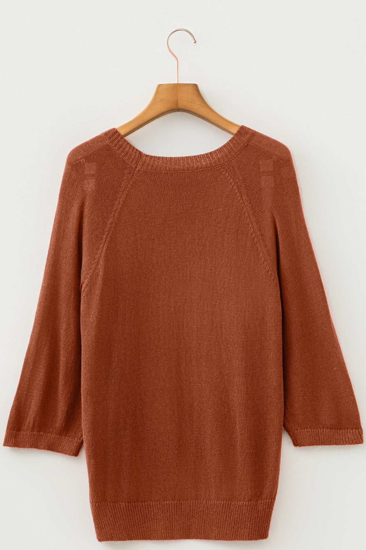 Ribbed Knit Round Neck 3/4 Sleeve Sweater