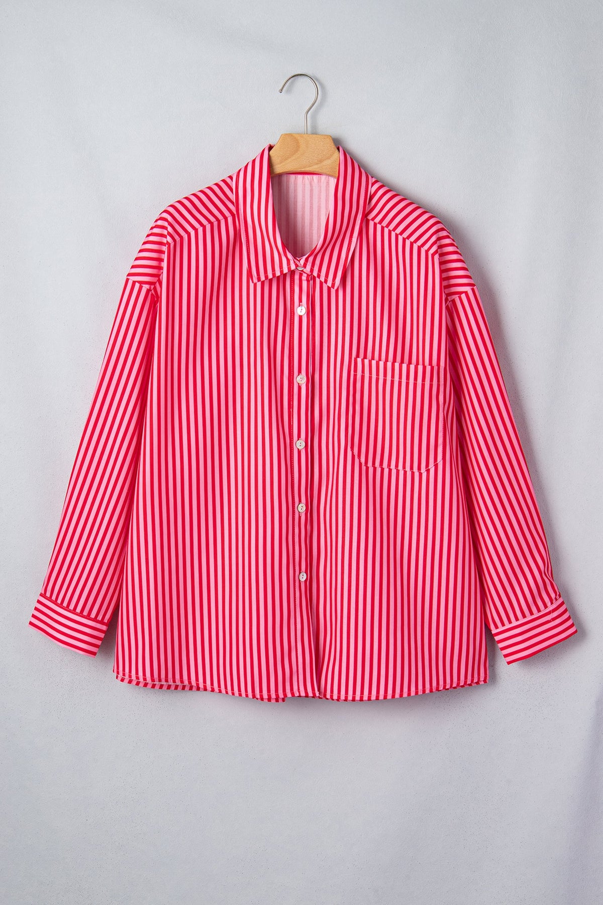 Stripe Patch Pocket Button-Up Long Sleeve Blouse