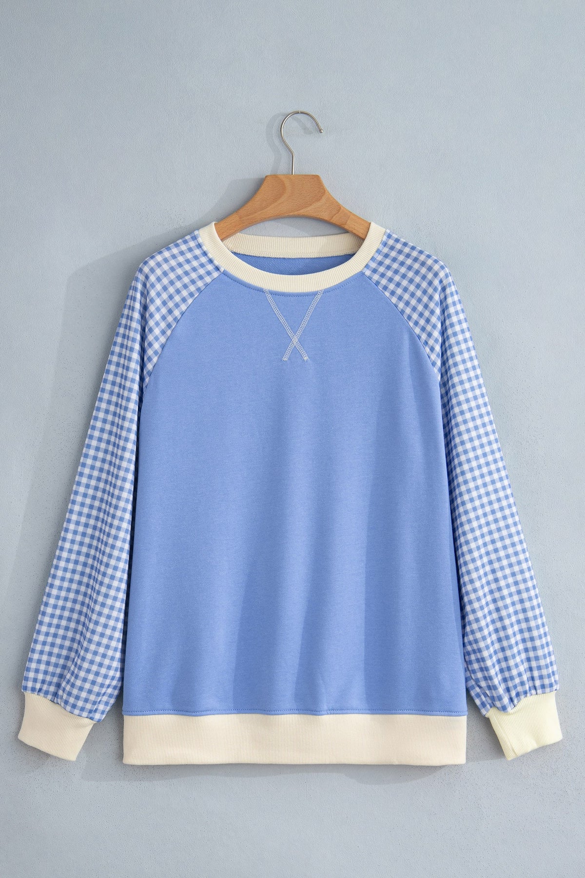Gingham Colorblock Long Sleeve Raglan Pullover Sweatshirt