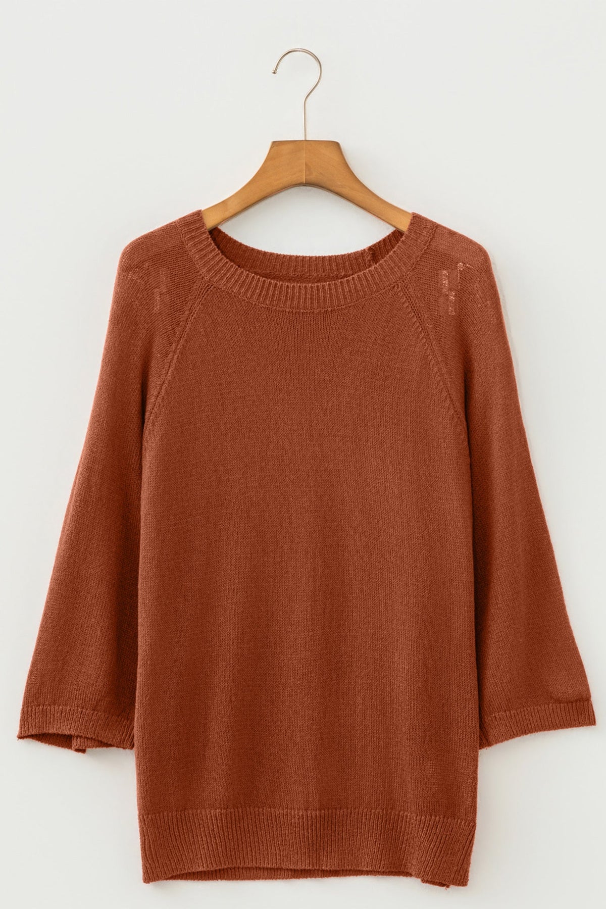 Ribbed Knit Round Neck 3/4 Sleeve Sweater