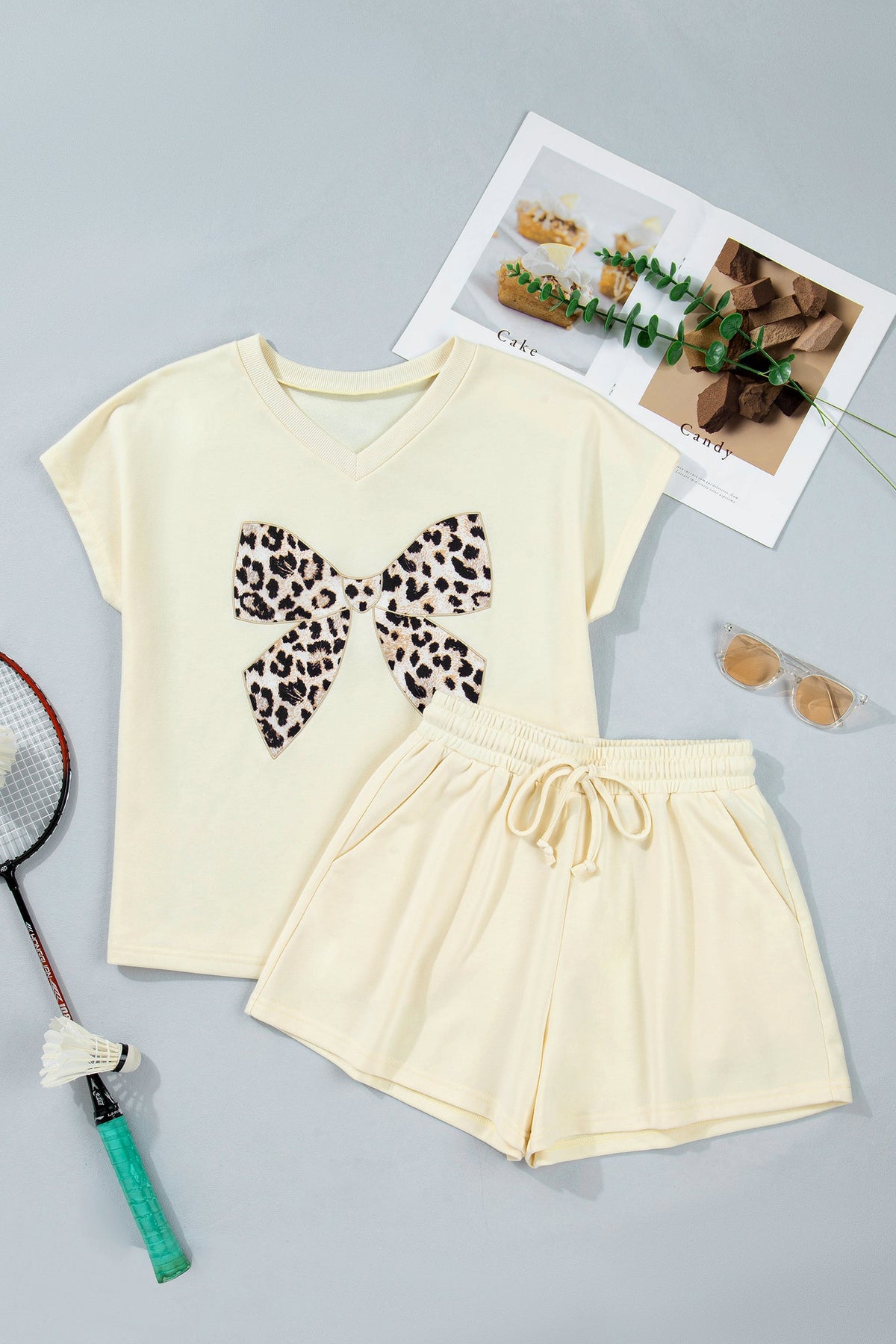 Leopard Bow Patch Tee & Drawstring Shorts Set