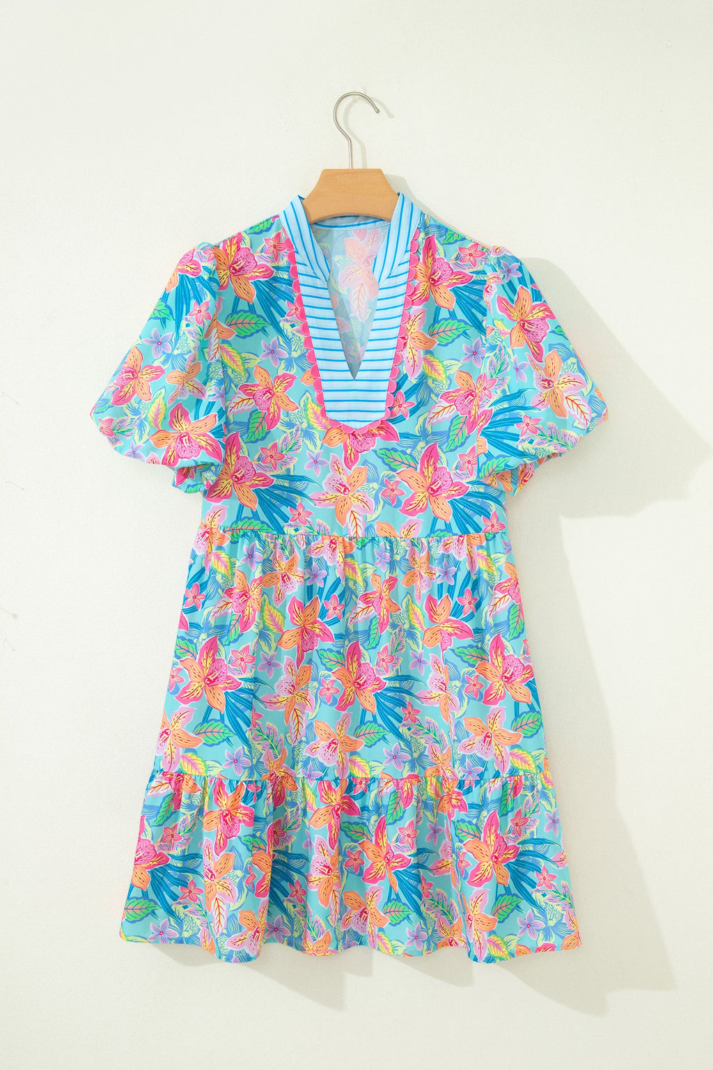 Floral Stripe Scallop Trim V-Neck Tiered Dress