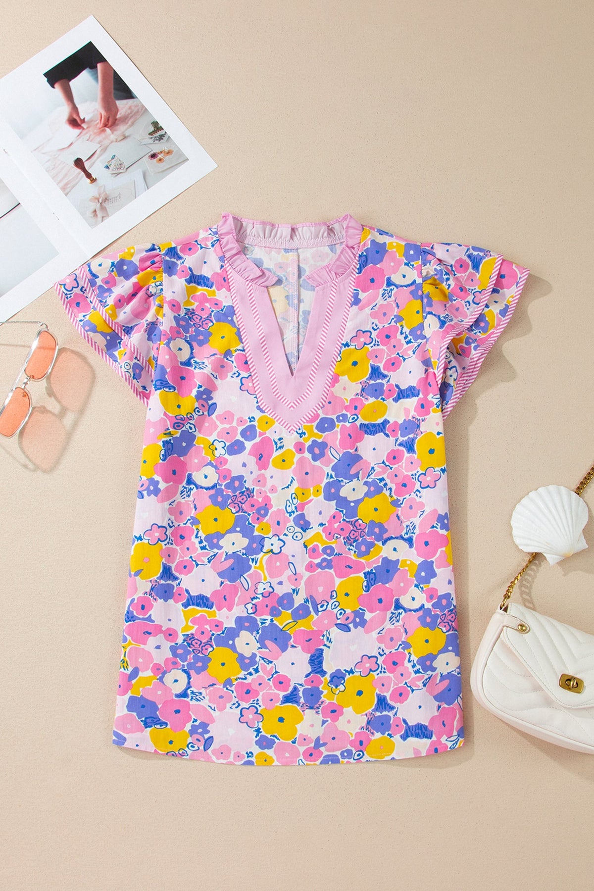Floral Stripe Colorblock Flutter Sleeve Blouse