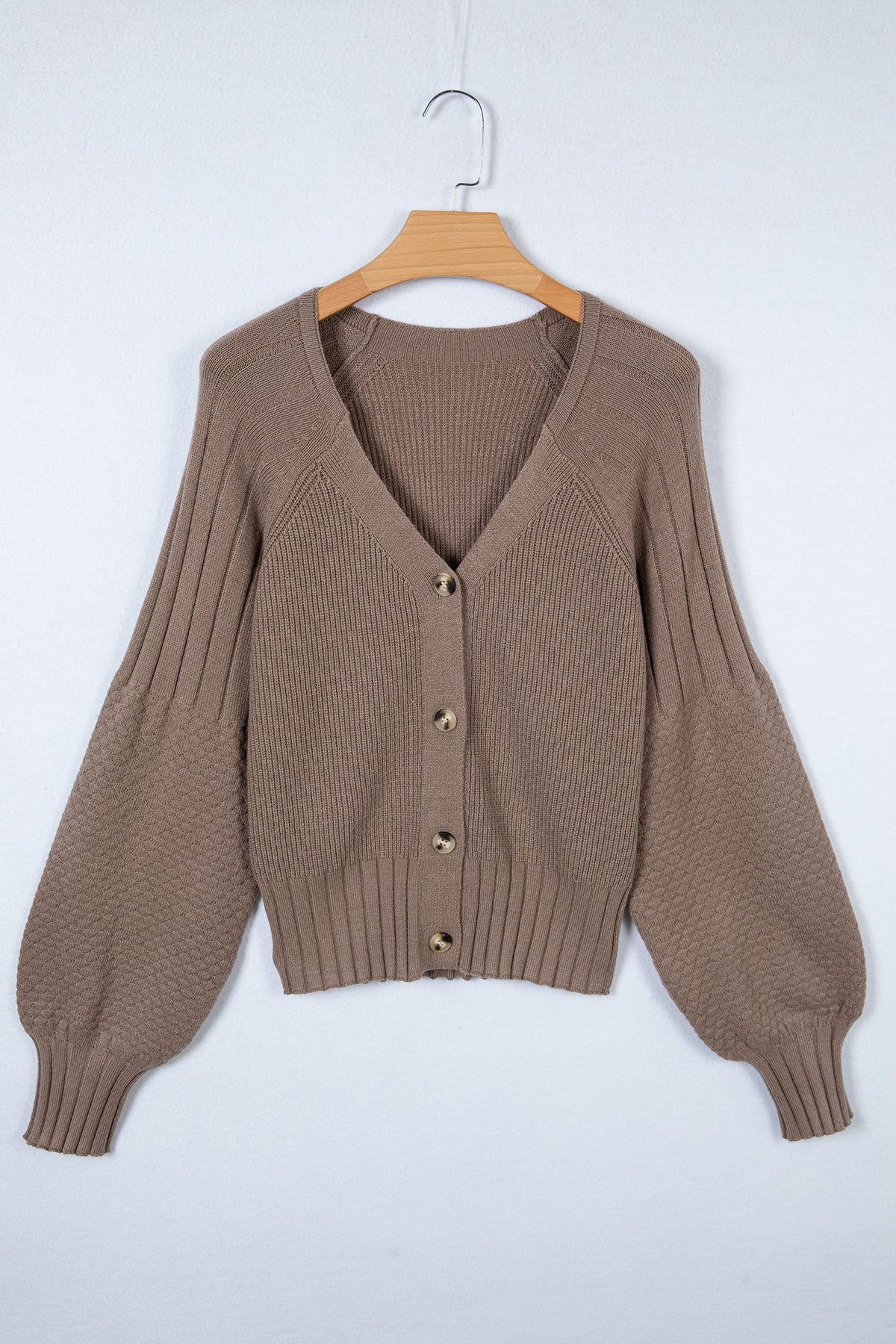 Solid Textured Knit Button Front V-Neck Cardigan