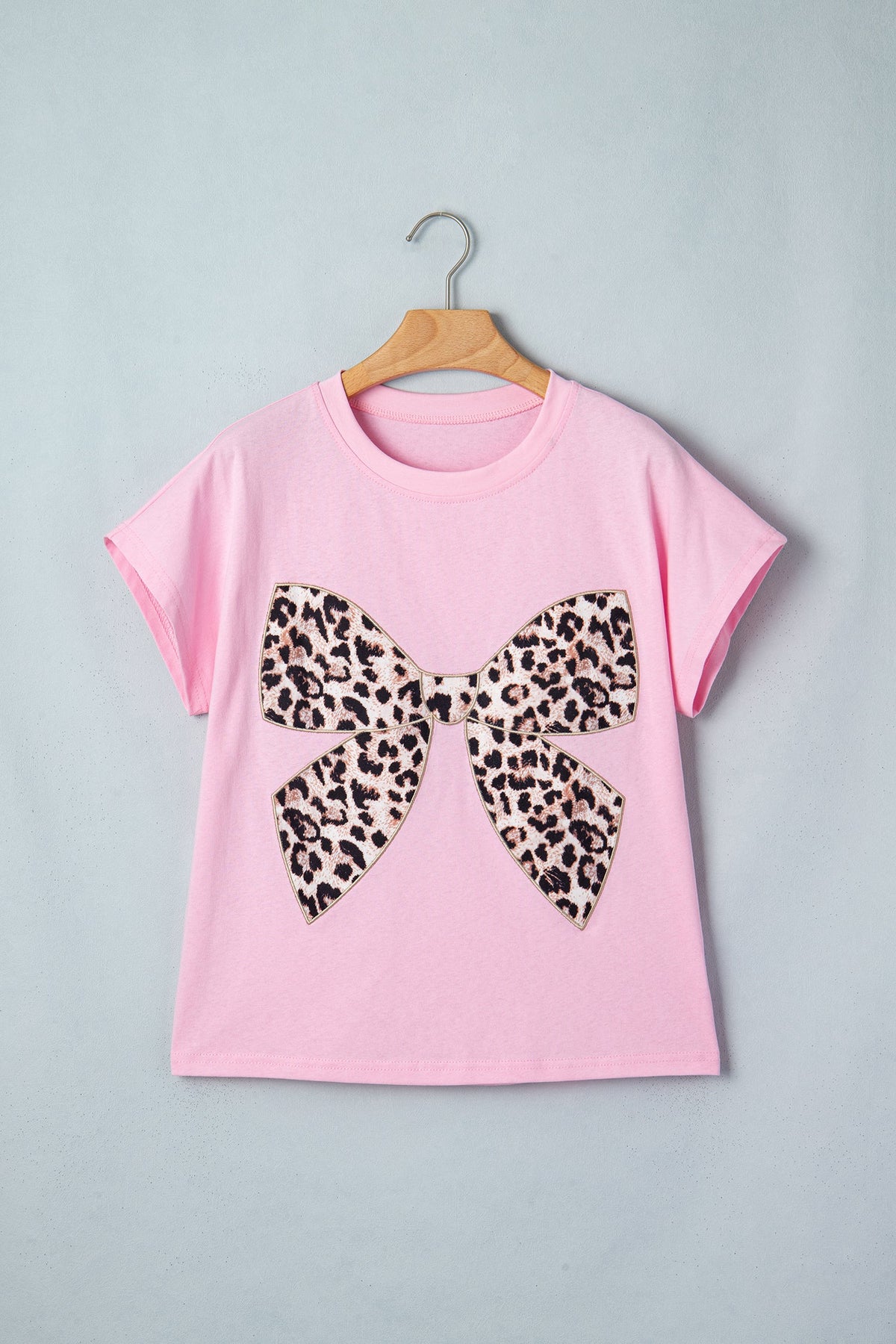 Leopard Bow Embroidered Short Sleeve T-Shirt