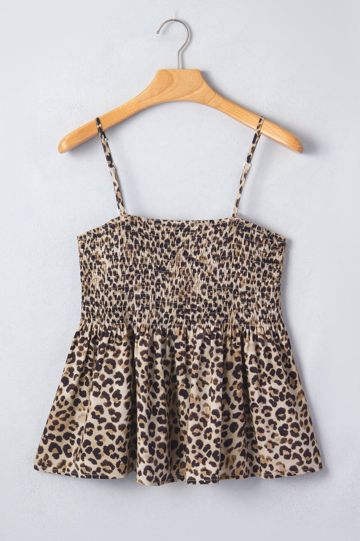 Leopard Shirred Ruffle Spaghetti Strap Tank Top