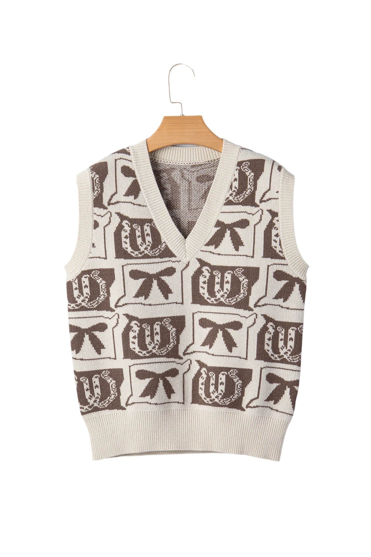 Western Horseshoes & Bows Sleeveless V-Neck Sweater Top