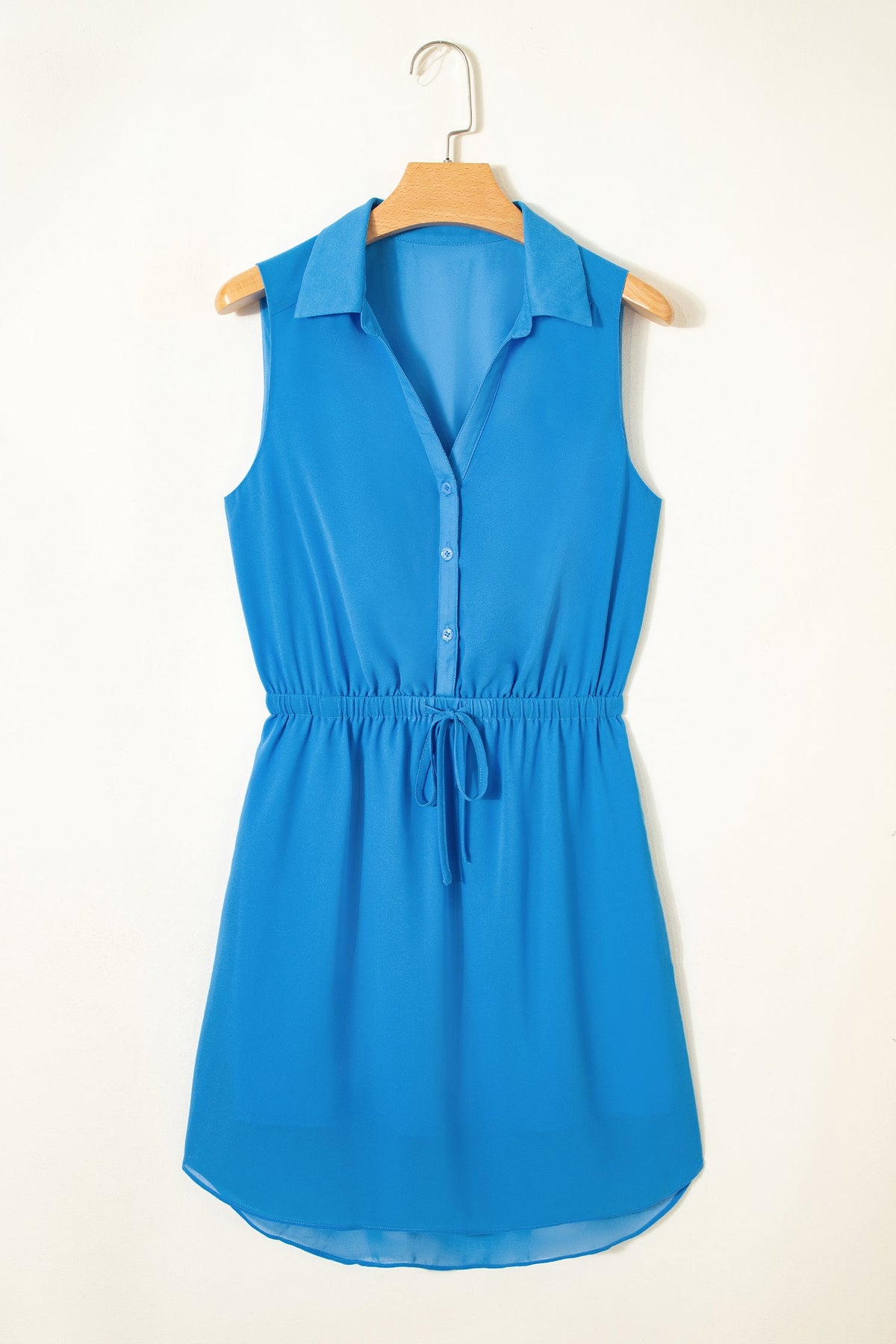 Solid Collared V-Neck Elastic Waist Sleeveless Dress