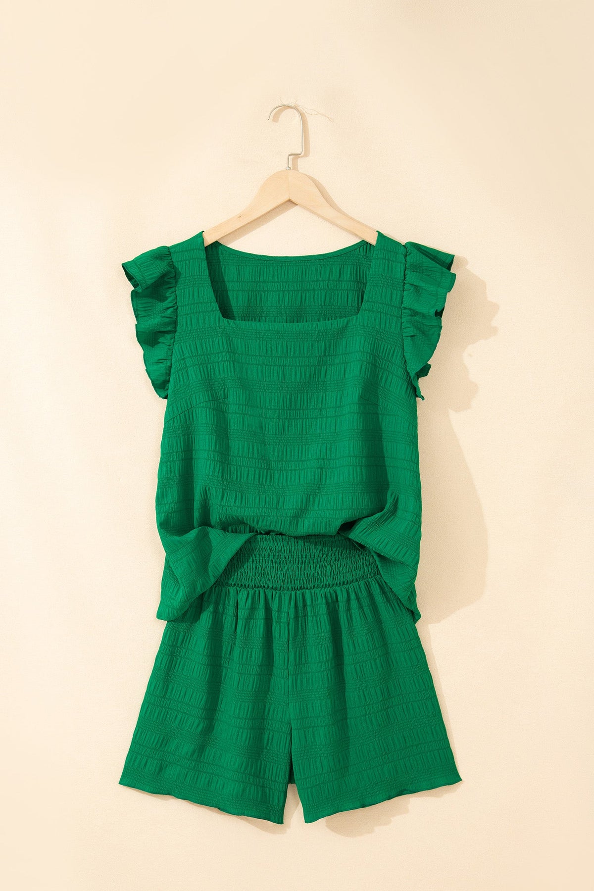 Solid Textured Square Neck Top & Shorts Set