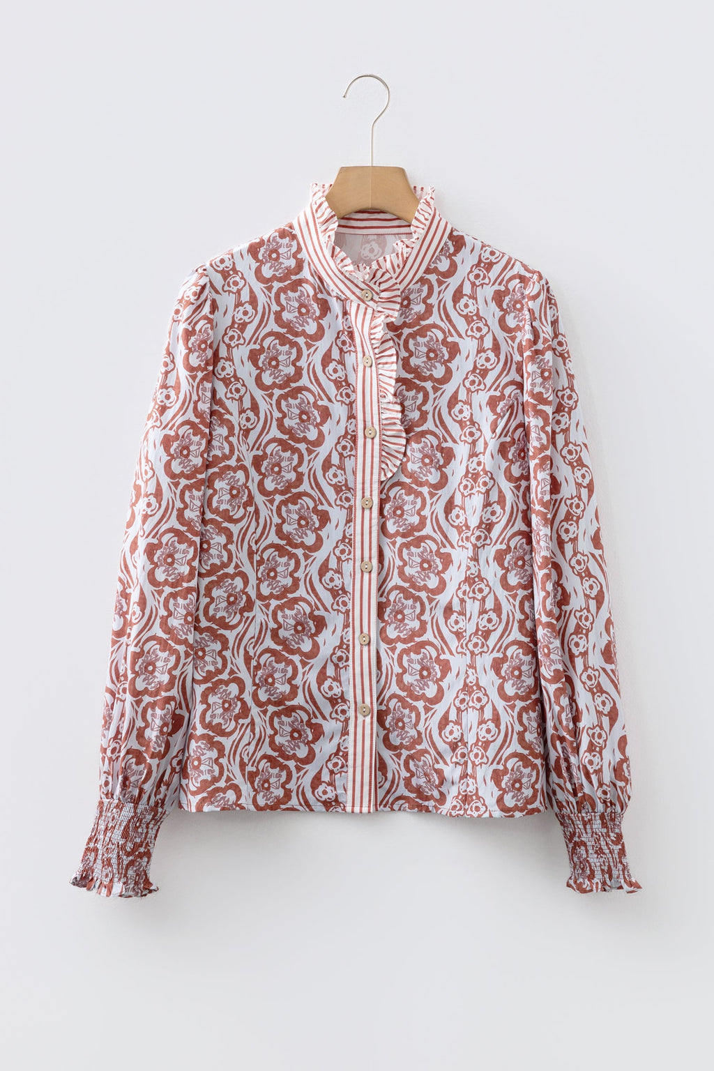 Floral Stripe Frilled Trim Long Sleeve Shirt