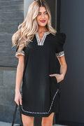 Leopard Trim Short Puff Sleeve Mini Dress
