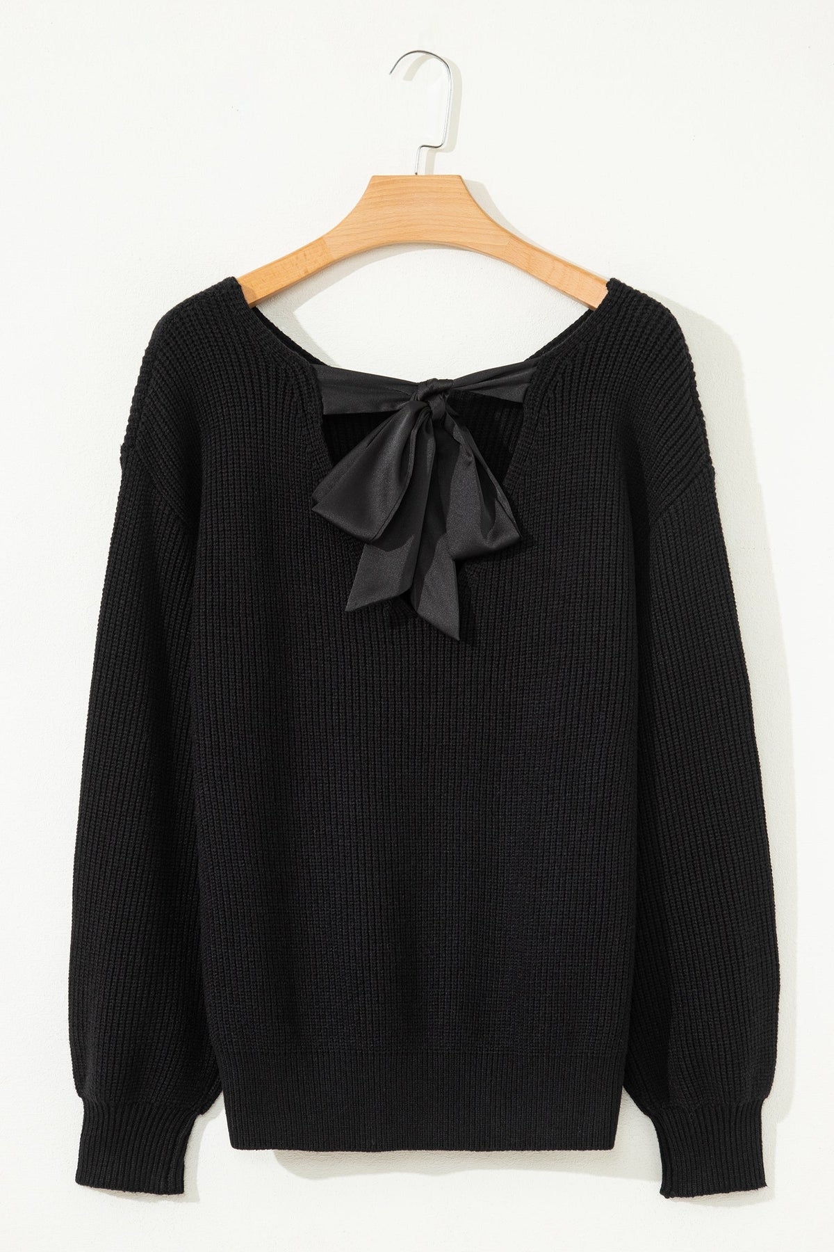 Ribbon Knot Backless Drop Shoulder Ribbed Sweater