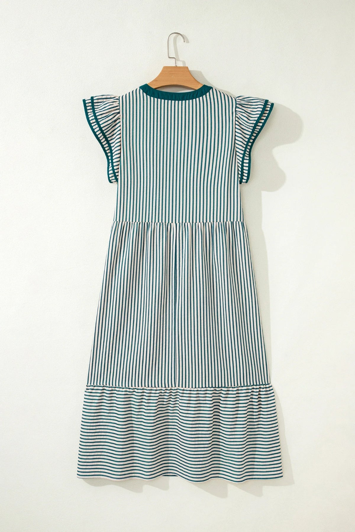 Stripe Ruffle Short Sleeve V-Neck Midi Dress