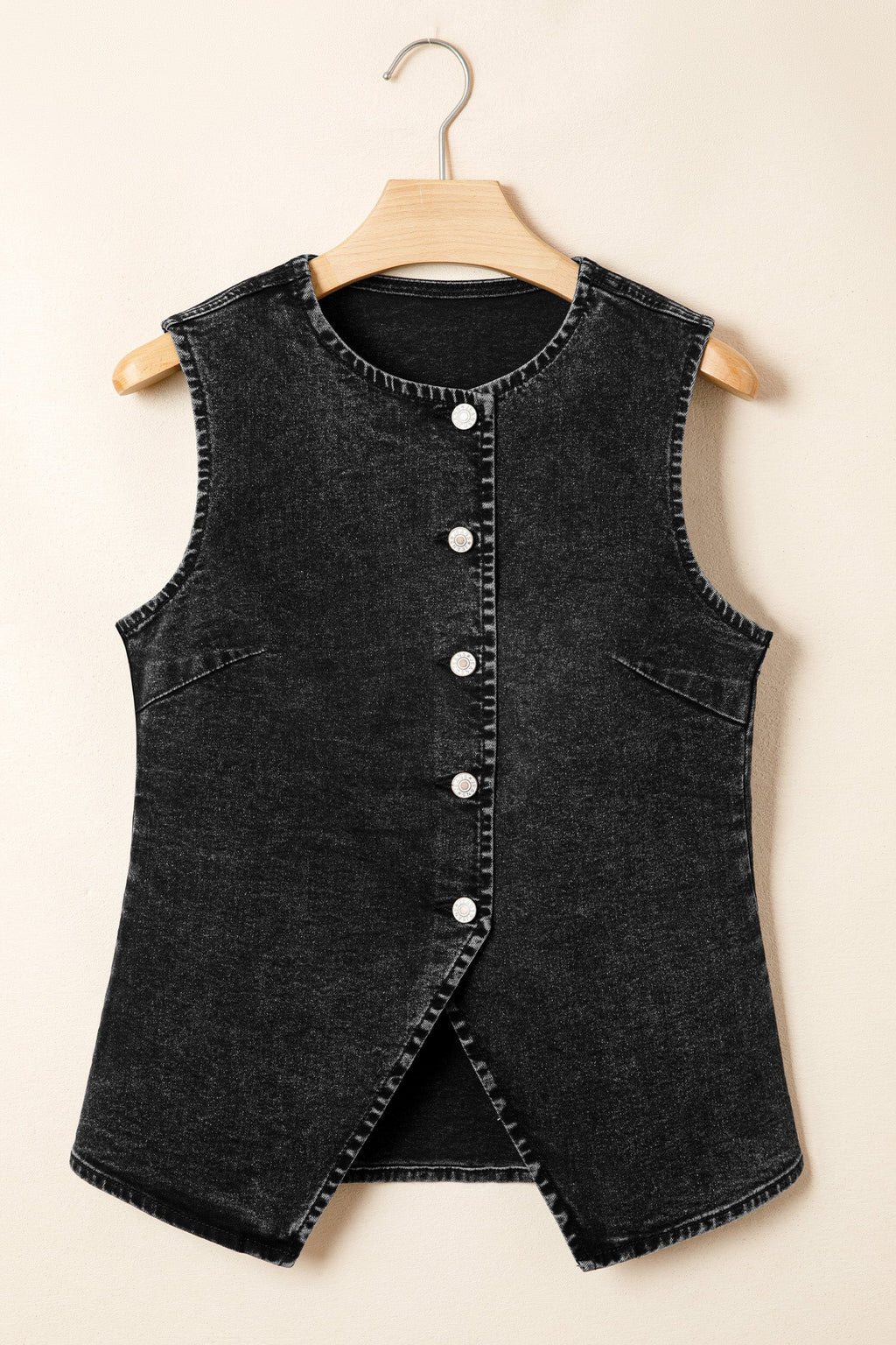 Solid Denim Buttoned Front Slit Vest