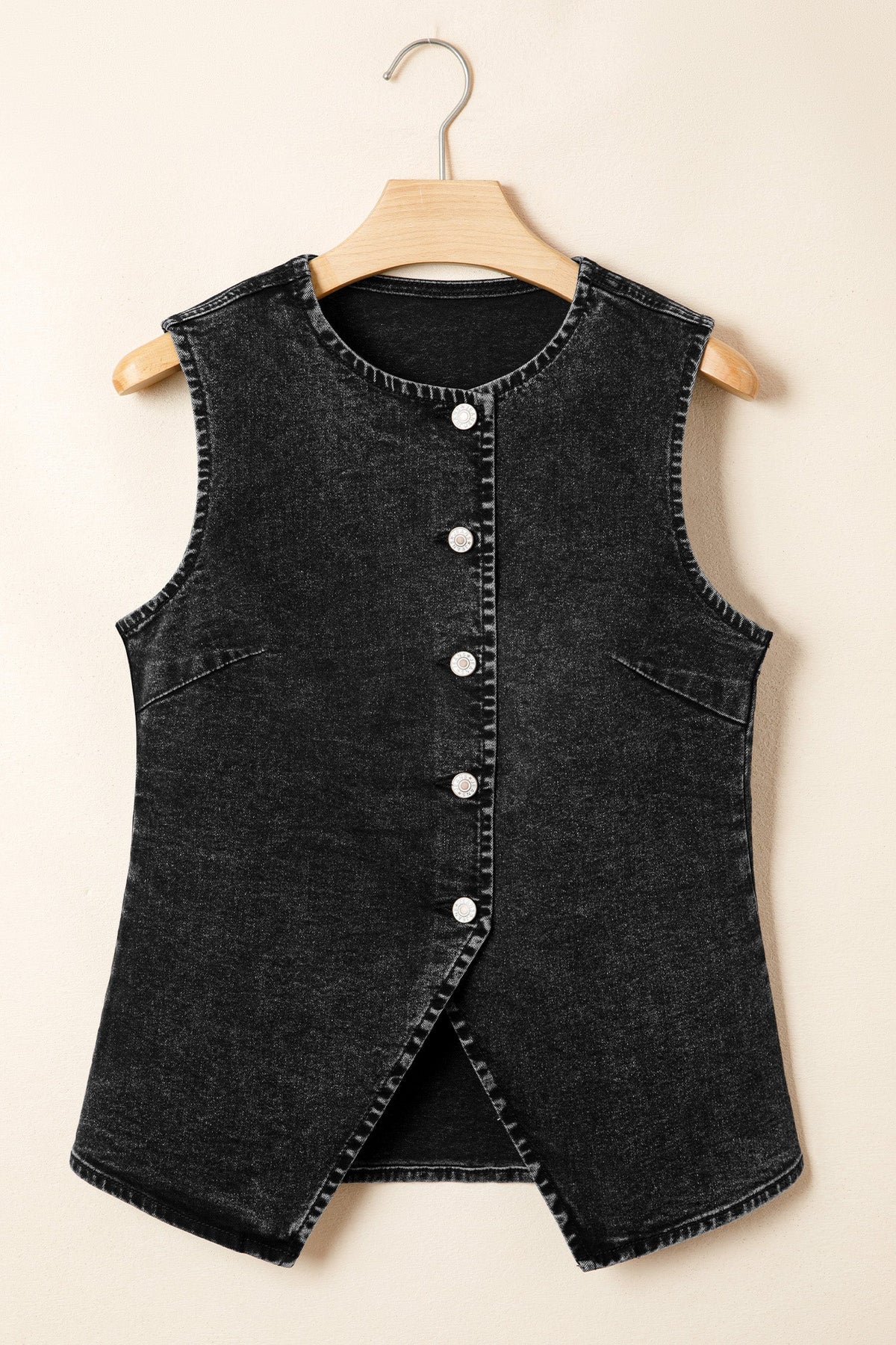Solid Denim Buttoned Front Slit Vest